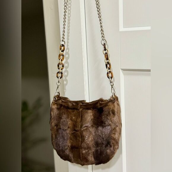 Natural Brown Handmade Real Mink Fur Half Moon Shoulder Bag/Crossbody - Picture 4 of 16